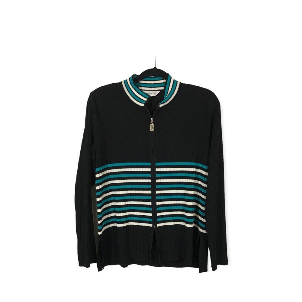 Exclusively Misook Black Striped Knit Zip Up Long Sleeve Women's Medium Sweater - Picture 1 of 8